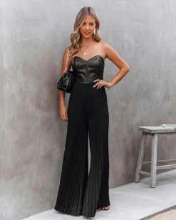 DO+B-001 VIP Strapless Faux Leather Pleated Jumpsuit - Black - FINAL SALE