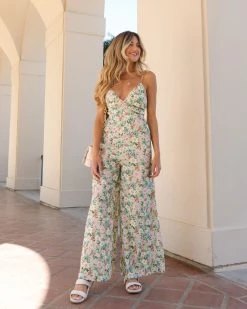 AAKA-001 Chasing Dreams Floral Cotton Blend Wide Leg Jumpsuit