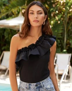 STRU-001 Rosealba One Shoulder Ribbed Top - Black - FINAL SALE