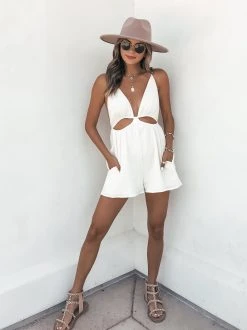 ACOA-001 Jaye Cotton Pocketed Cutout Romper - Cream