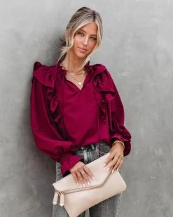 ENTR-001 Marion Ruffle Long Sleeve Top - Burgundy - FINAL SALE