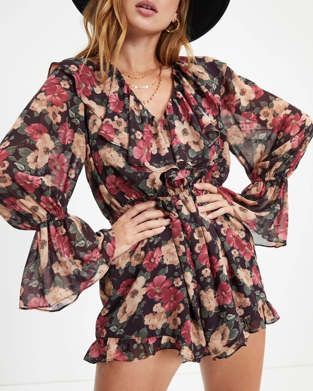 ENDL-001 Wine Country Dates Floral Chiffon Romper - FINAL SALE - Image 4