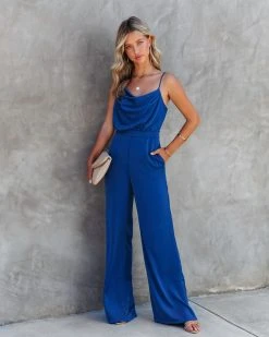 DO+B-001 Worth The Wait Cowl Neck Pocketed Jumpsuit - Blue - FINAL SALE