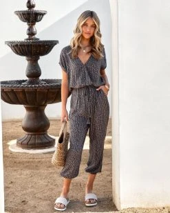 DRES-001 Wyland Pocketed Printed Jumpsuit - Charcoal - FINAL SALE