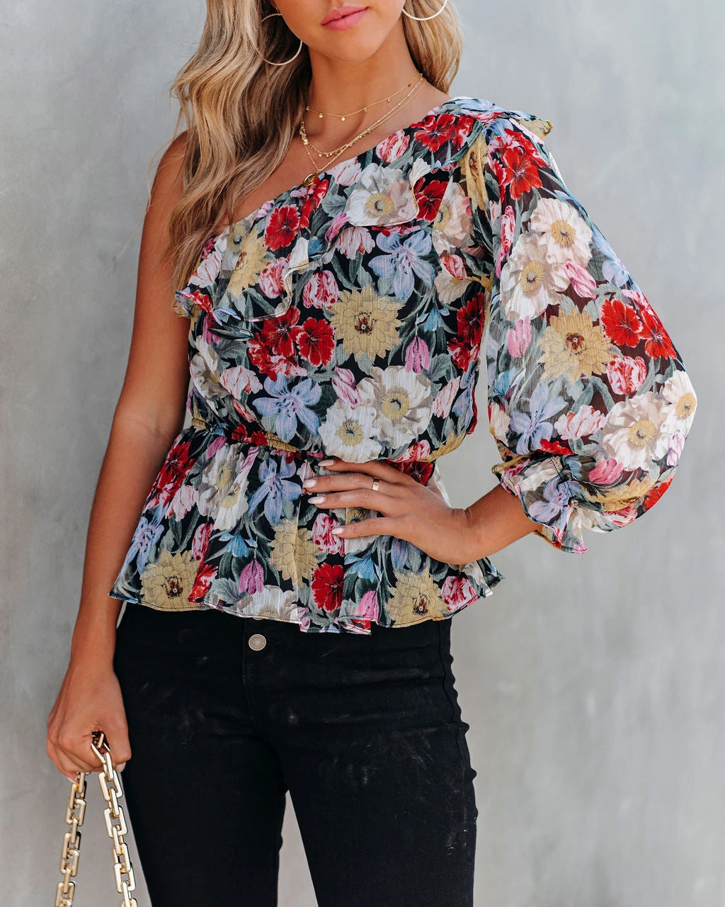 AAKA-001 Zayden Floral Chiffon One Shoulder Peplum Blouse - FINAL SALE - Image 3