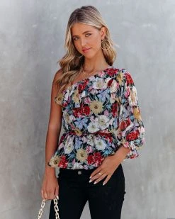 AAKA-001 Zayden Floral Chiffon One Shoulder Peplum Blouse - FINAL SALE