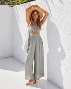 MIOU-001 Alaya Halter Pocketed Cutout Wide Leg Jumpsuit - Sage