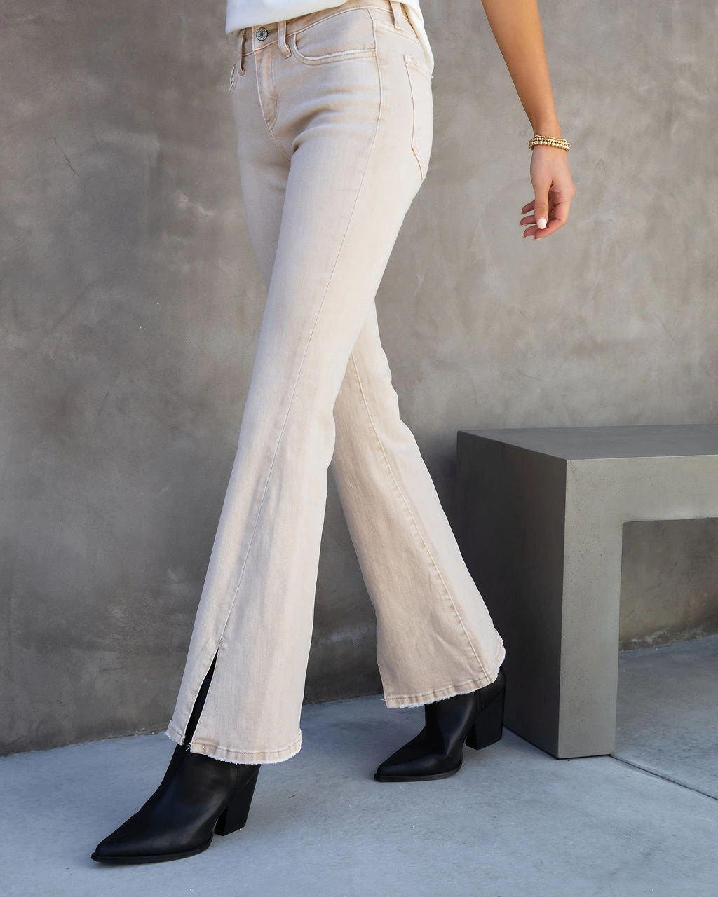 FLYI-001 Alison Mid Rise Split Hem Flare Jeans - Sand - SALE
