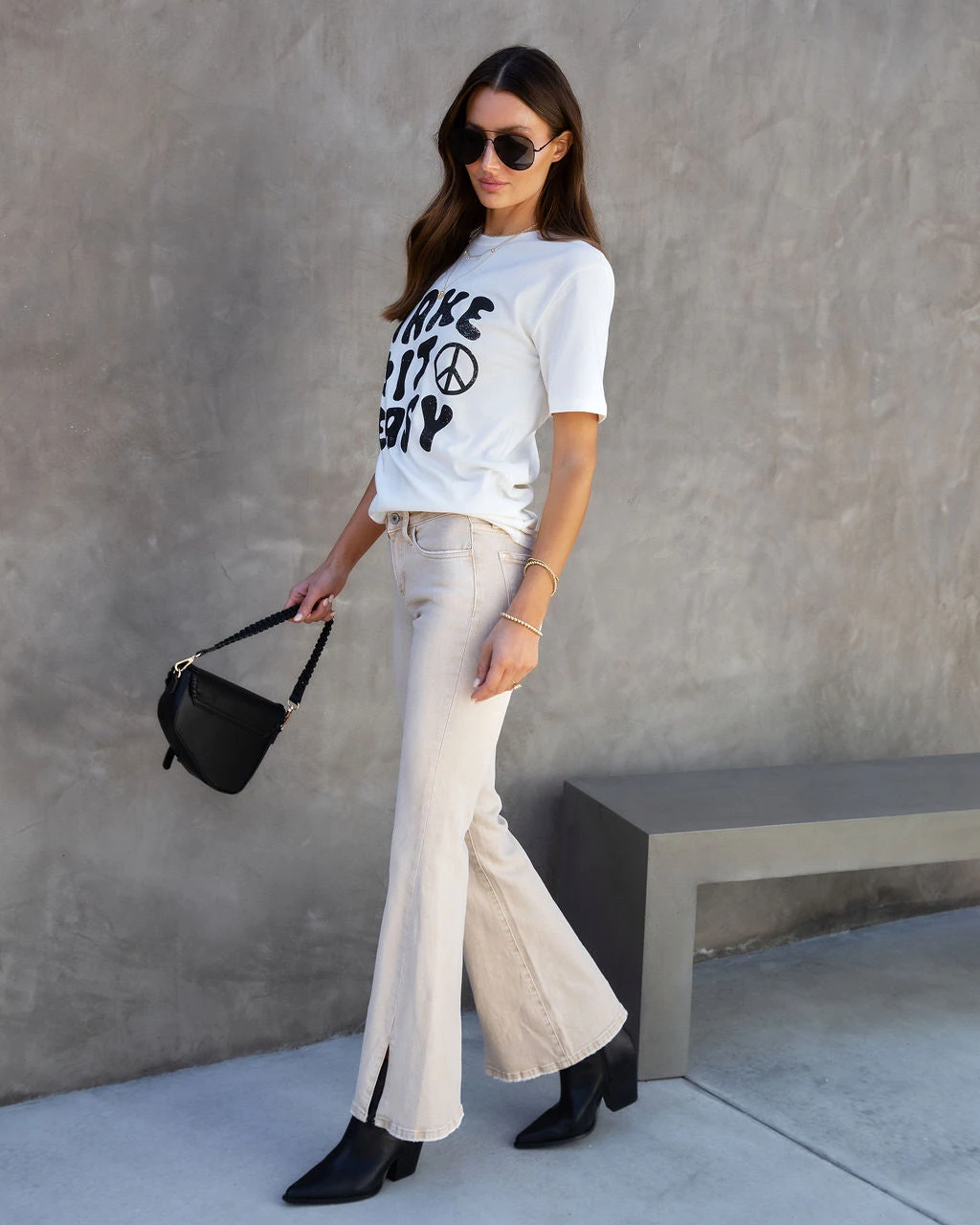 FLYI-001 Alison Mid Rise Split Hem Flare Jeans - Sand - SALE - Image 7