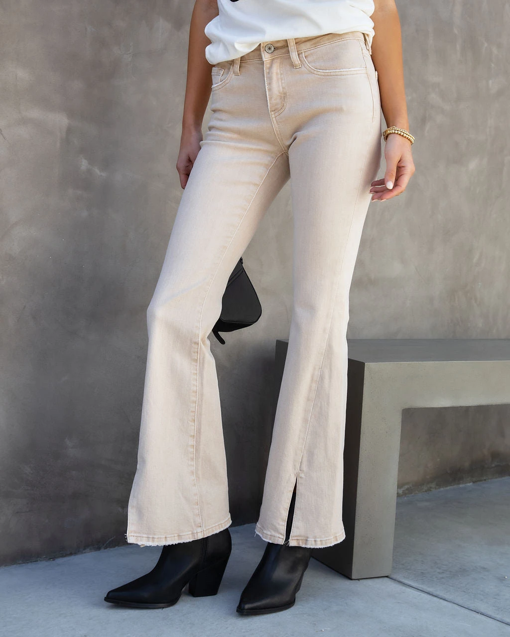 FLYI-001 Alison Mid Rise Split Hem Flare Jeans - Sand - SALE - Image 5