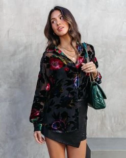 ACOA-001 Allie Burnout Velvet Button Down Top - Black - FINAL SALE