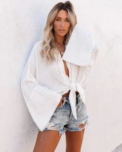 NEWB-001 Aloha Beaches Cotton Frayed Tie Top - White - FINAL SALE