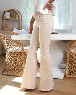 FLYI-001 Christina High Rise Flare Frayed Hem Jeans - Beige