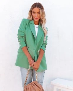 FLAW-001 Angelita Pocketed Blazer - Sea Green