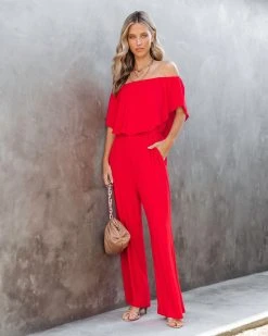 SUGA-001 Antonella Off The Shoulder Pocketed Jumpsuit - Red - SALE