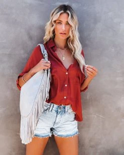 FLAW-001 Asana Woven Button Down Top - Terracotta - FINAL SALE