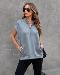 WISH-001 Athena Pocketed Half Zip Short Sleeve Sweatshirt - Grey - SALE