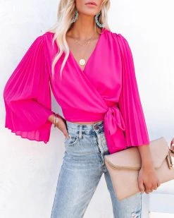 SALT-001 Avani Pleated Sleeve Wrap Blouse - Fuchsia - FINAL SALE