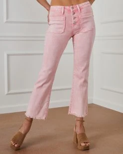 FLYI-001 Carlton Mineral Wash High Waisted Flare Frayed Hem Jeans - Pink