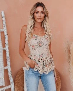 INT-001 Beaufort Floral Eyelet Peplum Tank - FINAL SALE