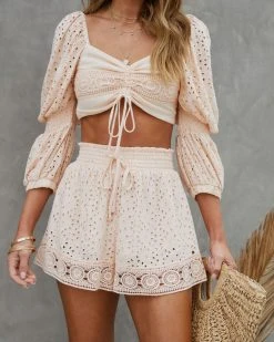 VINT-001 Beautiful Dreams Eyelet Ruched Crop Top - Light Peach