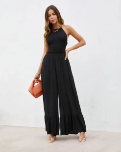 FLAW-001 Bohdi Smocked Halter Pocketed Jumpsuit - Black