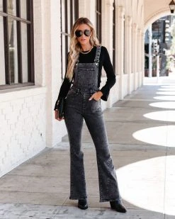 BLUE-001 Brady Bell Bottom Pocketed Overalls - Washed Black - FINAL SALE