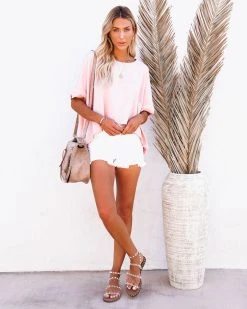 CURR-002 Bright Side Cotton Relaxed High Low Tee - Pastel Rose - FINAL SALE