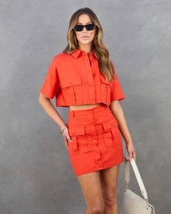 IDEM-001 Brittany Linen Utility Cropped Button Down Top - Poppy - SALE