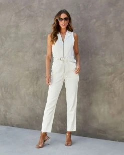 SKIE-001 Bronx Denim Pocketed Belted Jumpsuit - White