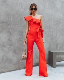 SALT-001 Cameran Cotton One Shoulder Flare Jumpsuit - Red - SALE
