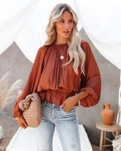 COLL-001 Cappa Satin Peplum Blouse - Clay - LAST CHANCE
