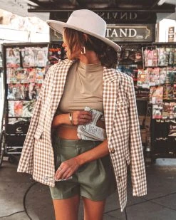 SKYL-002 Catherine Gingham Pocketed Blazer - Tan/White - FINAL SALE