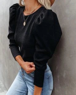 VERY-001 Chivalry Puff Sleeve Ribbed Knit Top - Black - FINAL SALE
