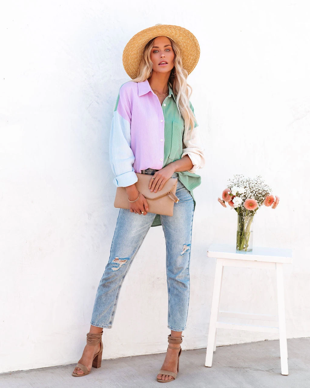 ACOA-001 Cindy Cotton Colorblock Button Down Top - Lavender Multi - FINAL SALE - Image 8