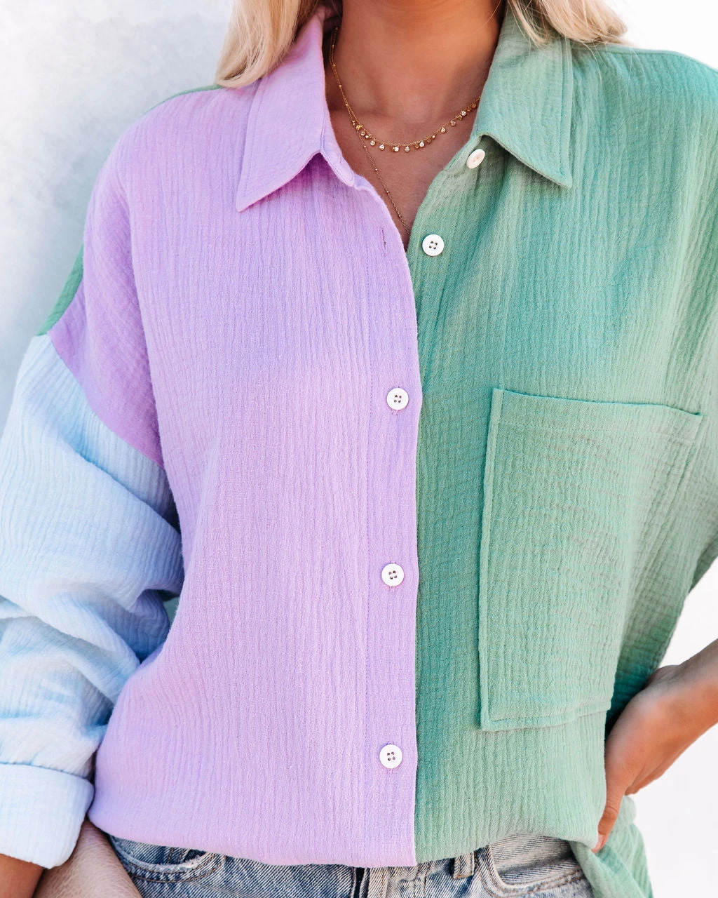 ACOA-001 Cindy Cotton Colorblock Button Down Top - Lavender Multi - FINAL SALE - Image 4