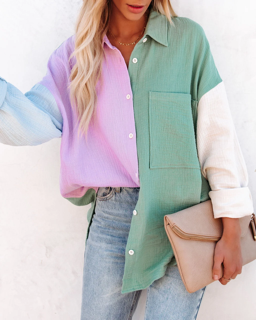 ACOA-001 Cindy Cotton Colorblock Button Down Top - Lavender Multi - FINAL SALE - Image 7