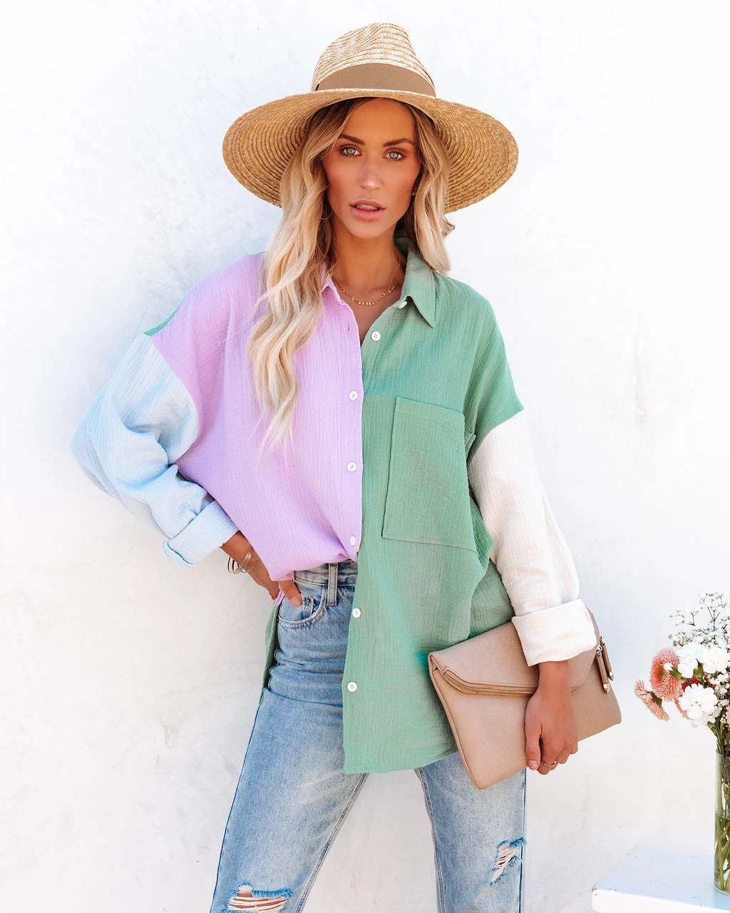ACOA-001 Cindy Cotton Colorblock Button Down Top - Lavender Multi - FINAL SALE