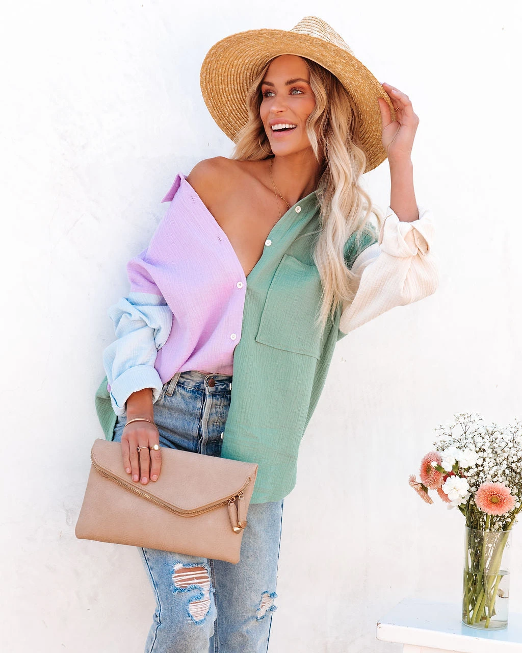 ACOA-001 Cindy Cotton Colorblock Button Down Top - Lavender Multi - FINAL SALE - Image 5