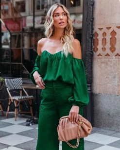 DEE-001 Clockwork Satin Off The Shoulder Blouse - Green - FINAL SALE