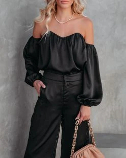 DEE-001 Clockwork Satin Off The Shoulder Blouse - Black - FINAL SALE
