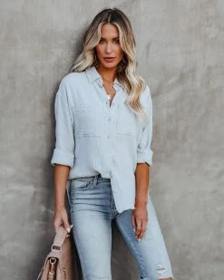 MIOU-001 Cobie Cotton Frayed Button Down Top - Light Blue - FINAL SALE