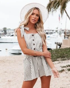 MIOU-001 Cole Linen Blend Pocketed Striped Romper - FINAL SALE