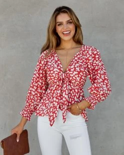 FLAW-001 Dalett Tie Front Peplum Blouse - FINAL SALE