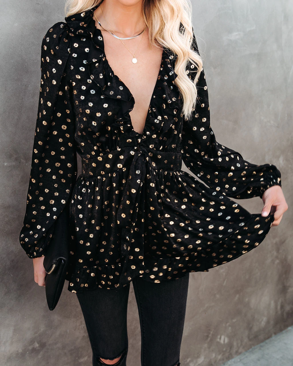 AEOM-001 Dante Metallic Ruffle Tie Blouse - Black - FINAL SALE - Image 5