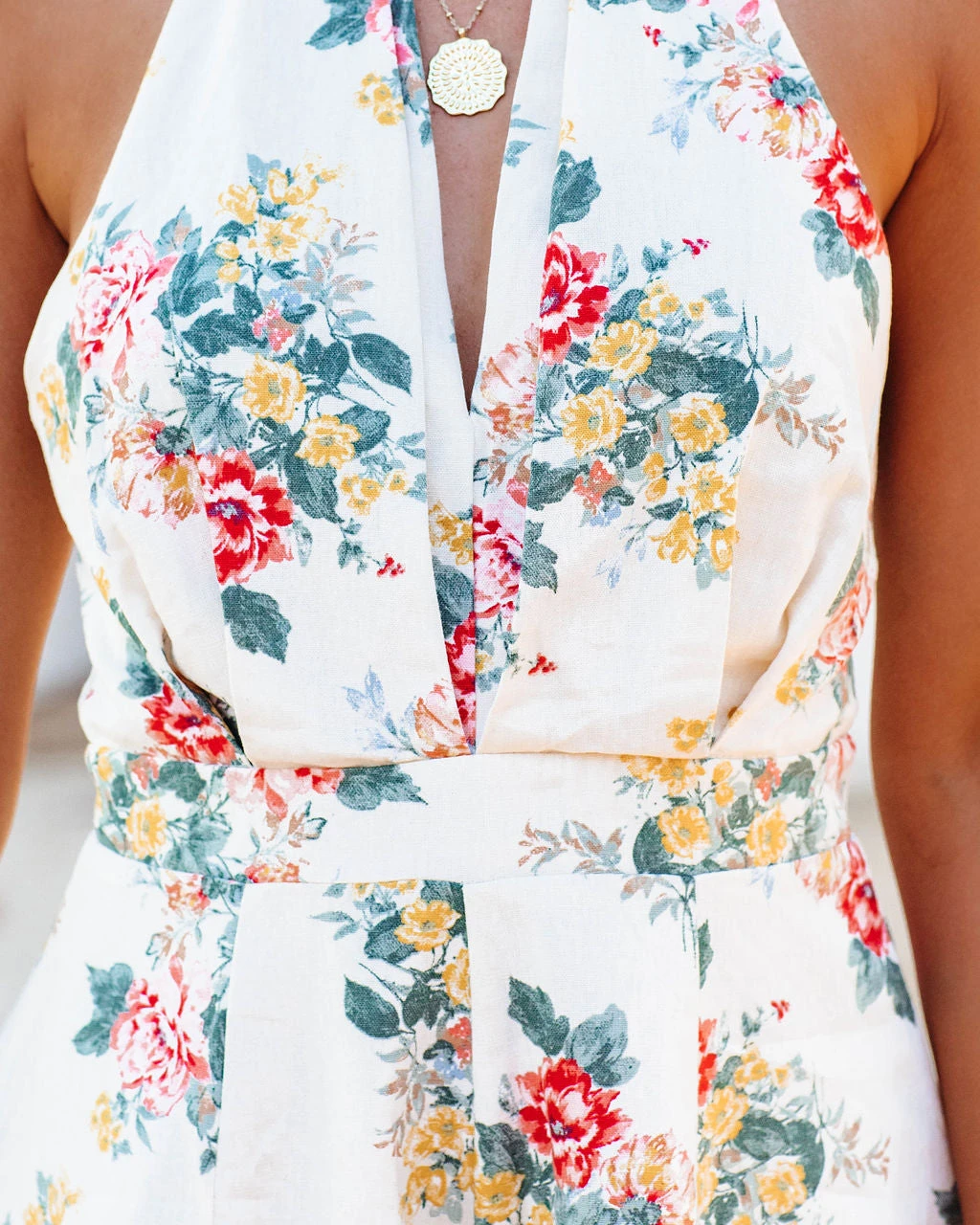 DO+B-001 Darlani Linen Blend Floral Halter Romper - Beige Multi - Image 4