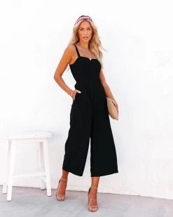 DEE-001 Dollhouse Cotton Pocketed Tie Back Jumpsuit - Black - LAST CHANCE