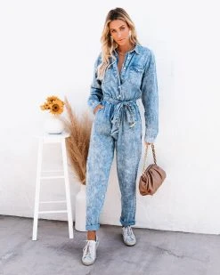 SALT-001 Donny Cotton Pocketed Acid Wash Chambray Jumpsuit - FINAL SALE