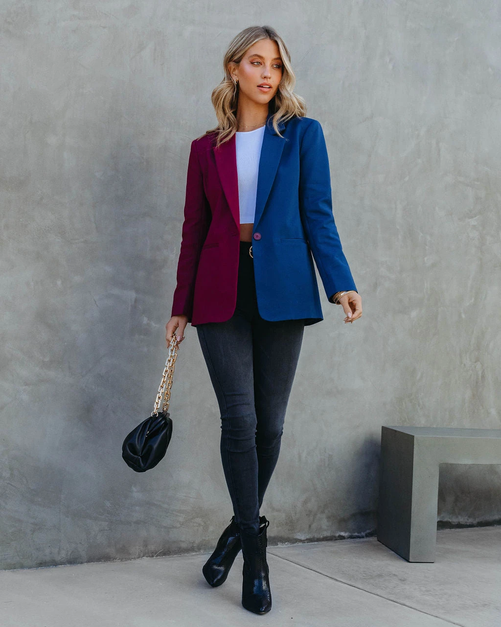 ENDL-001 Double Take Pocketed Colorblock Blazer - Wine/Navy - FINAL SALE