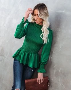 FLAW-001 Down To Business Smocked Blouse - Emerald - FINAL SALE